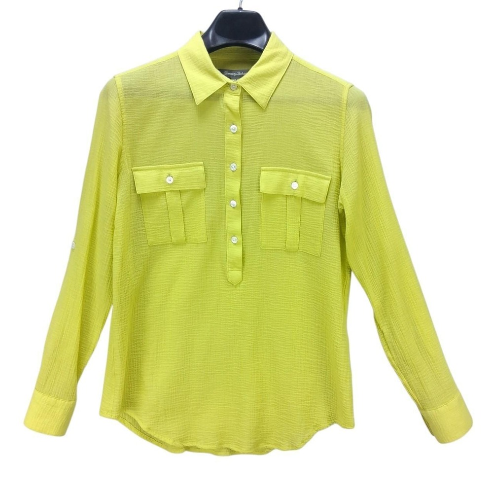 Tommy Bahama Womens Lime Green Semi-Sheer Textured Long Sleeve Blouse XS
